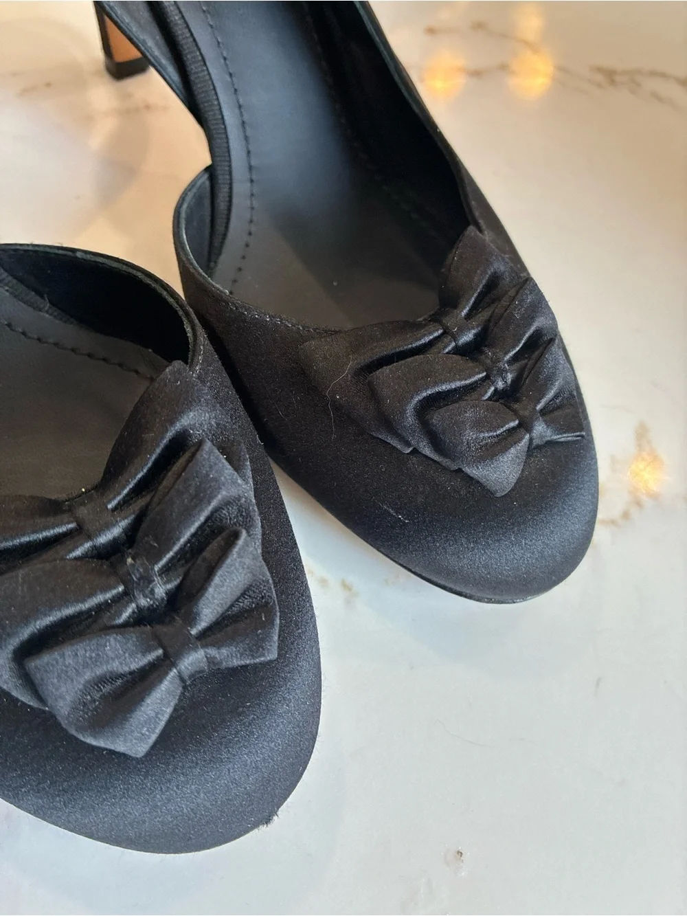 CHANEL Black Satin Slingback Pumps with Bow Accent